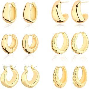 14K Gold Plated Minimalist Chunky Huggie Hoops Set of 6 Classic Earrings Jewelry